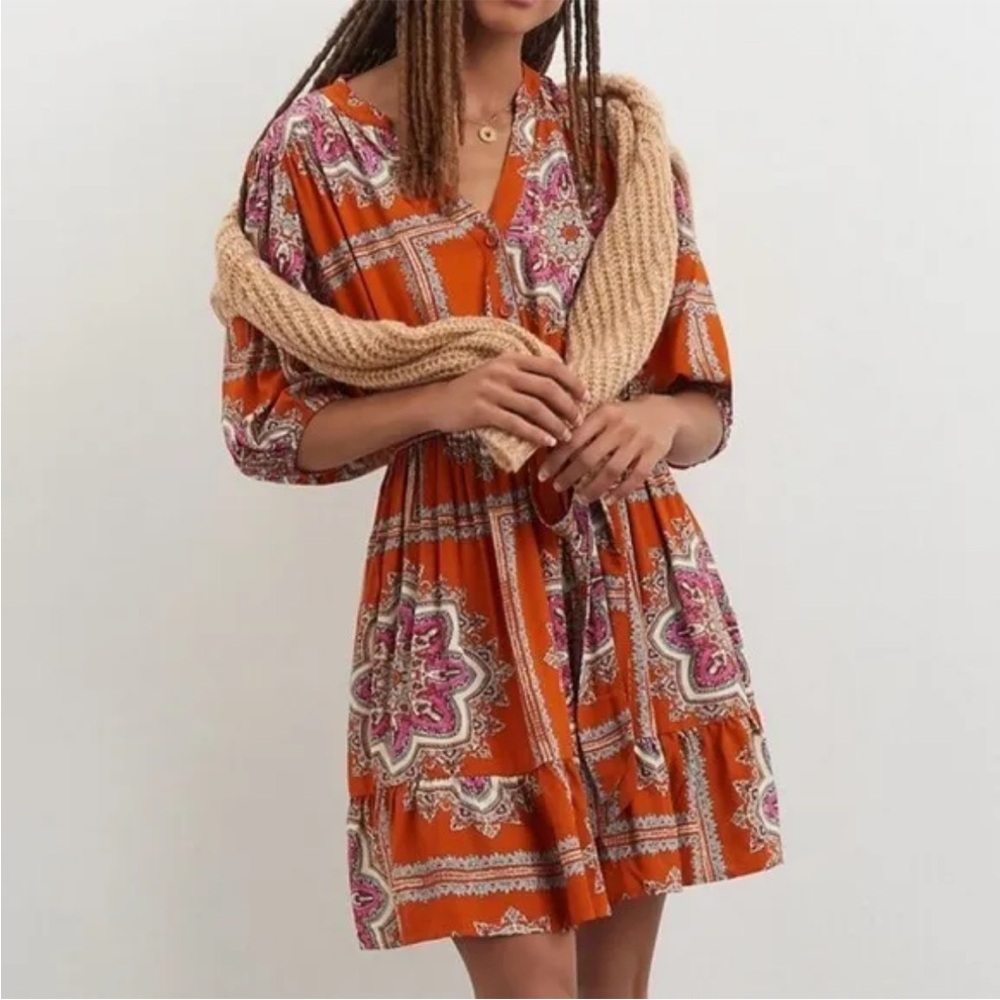 ANTHROPOLOGIE Porridge Isabel Paisley Dress Large Petite Orange EUC